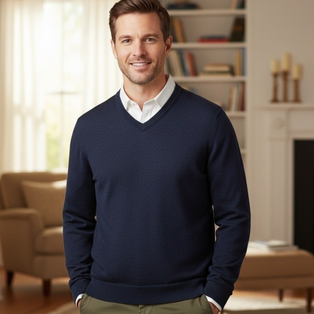 Joseph Abboud Extra Fine Merino Wool V-Neck Sweater Men's M Navy Travel Preppy
